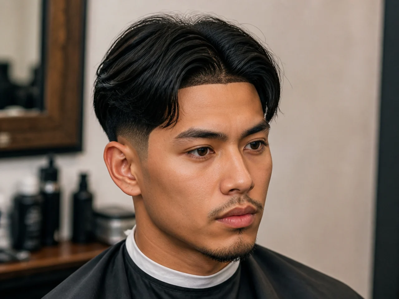 Teen boy middle part with a razor-sharp hairline edge-up and low taper sides