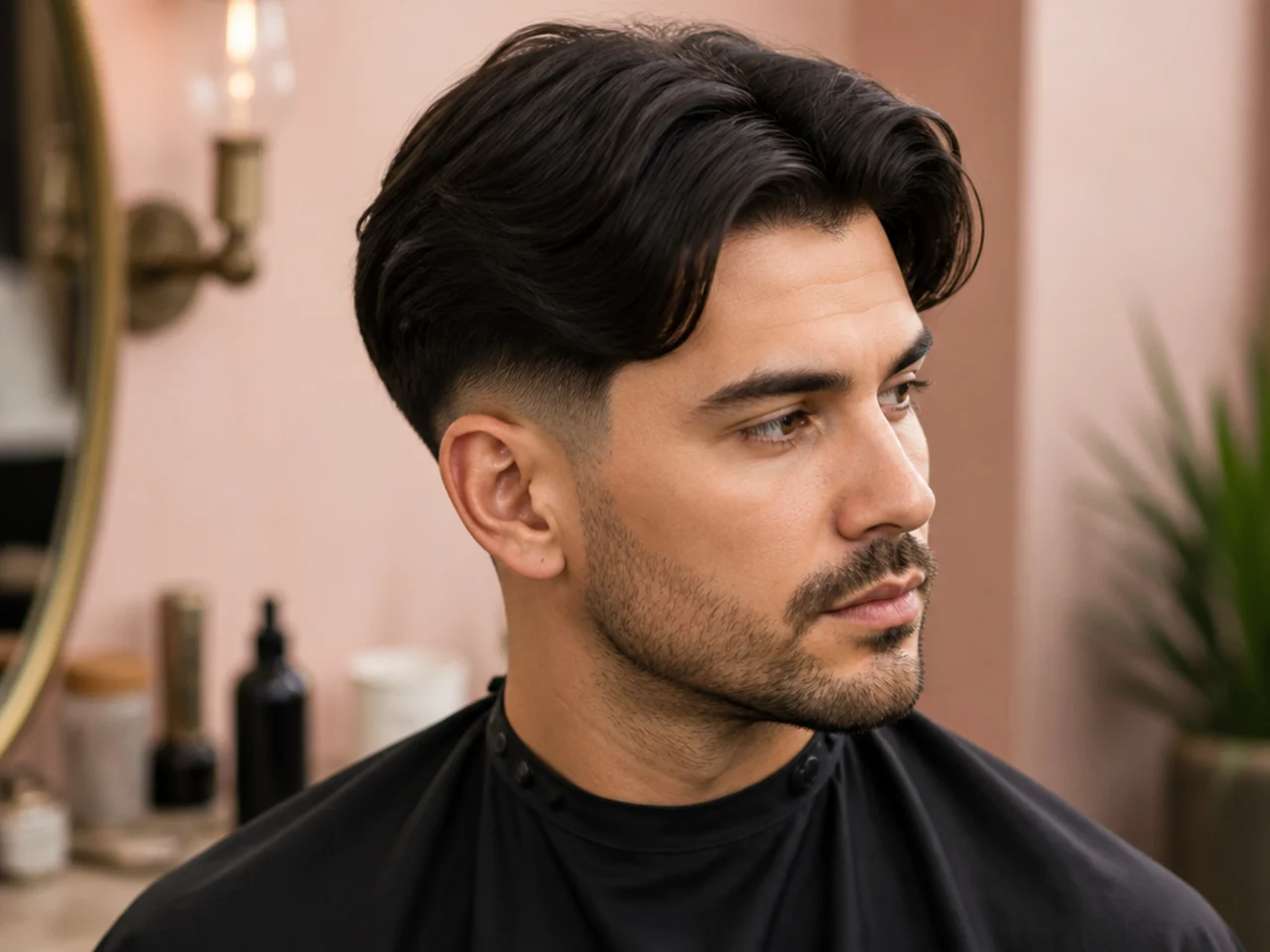 Teen boy middle part with a low fade dropping cleanly around the ear