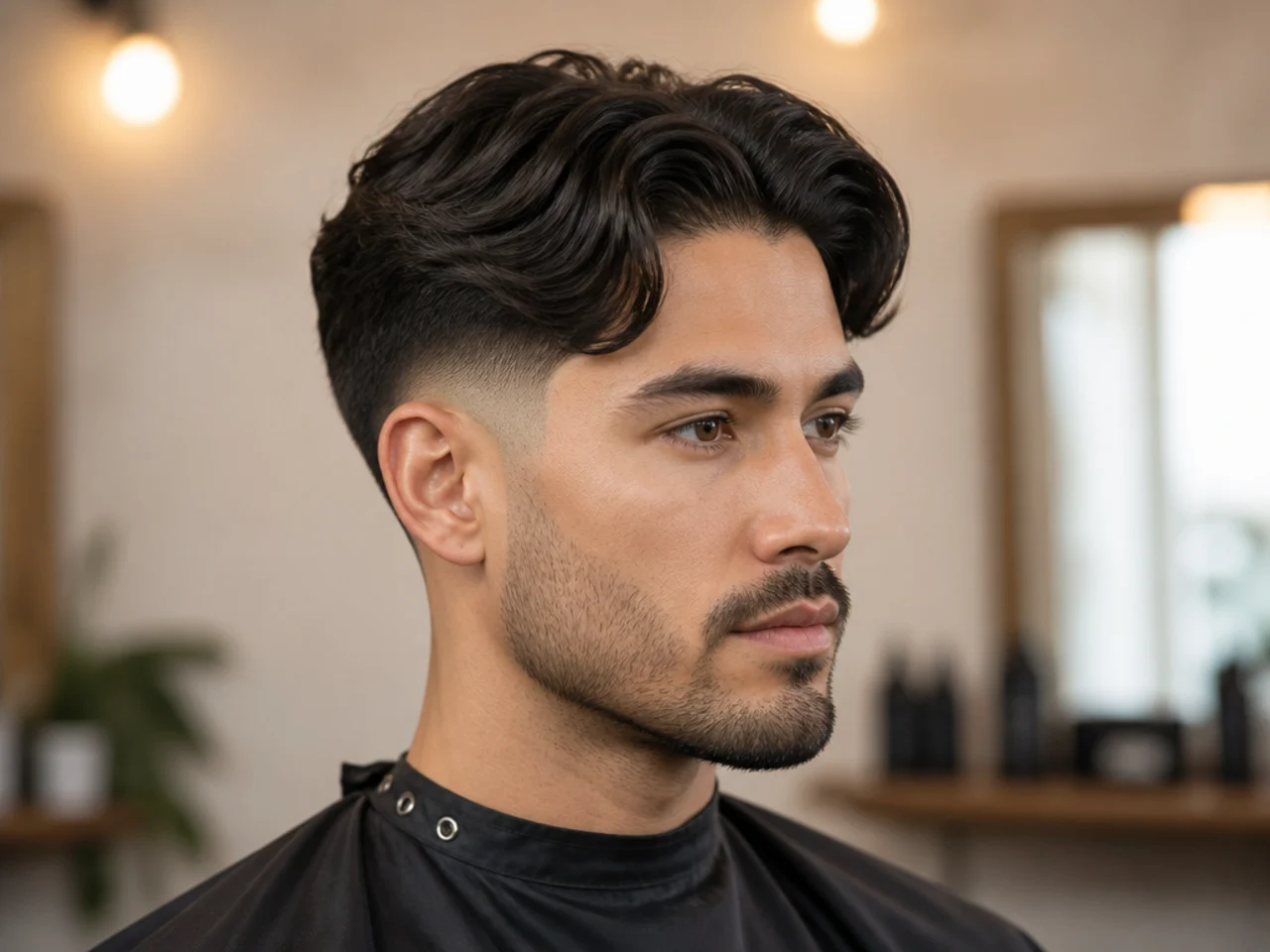 Teen boy middle part with a mid fade jumping in at the temple on straight hair