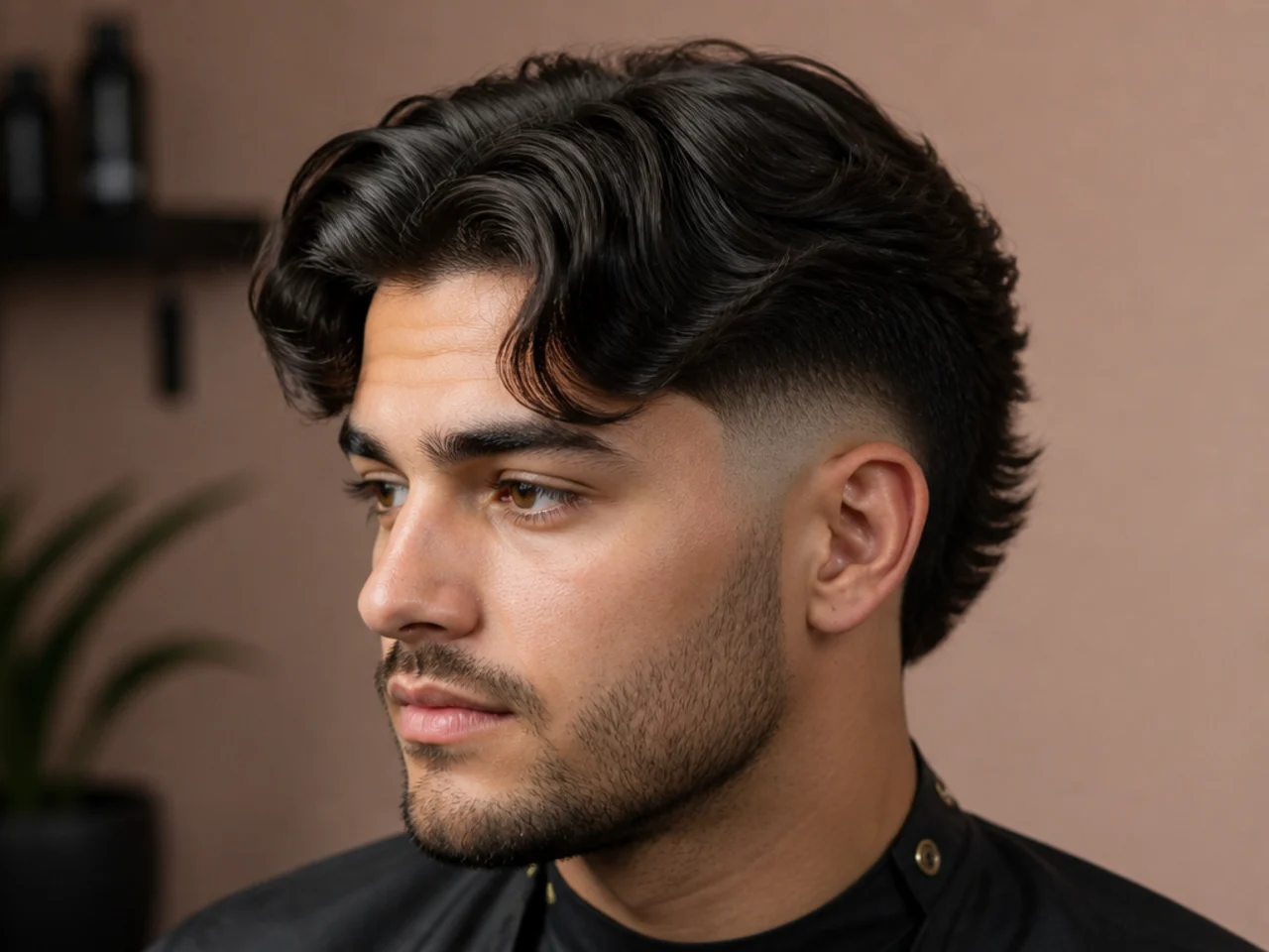 Teen boy middle part with a burst fade arcing around the ear on textured hair