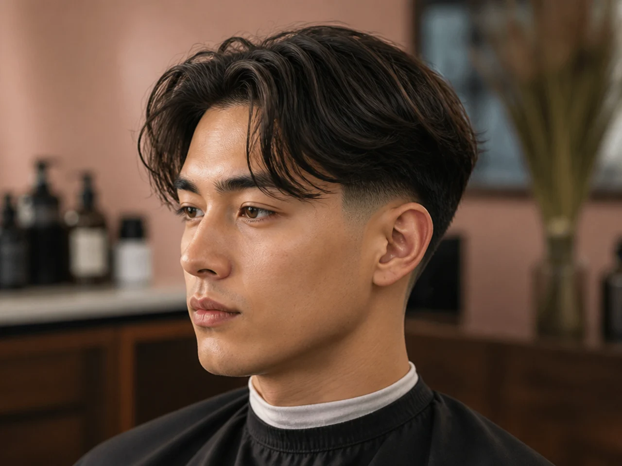 Teen boy middle part with a drop fade arcing down behind the ear on wavy hair