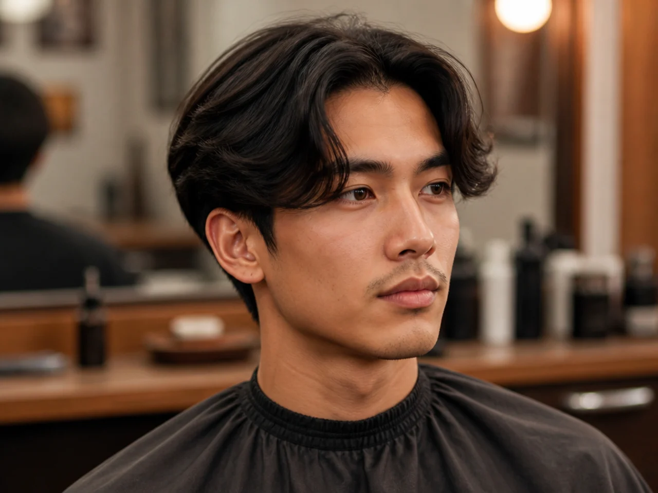 Teen boy showing his barber a phone photo of a middle part haircut reference