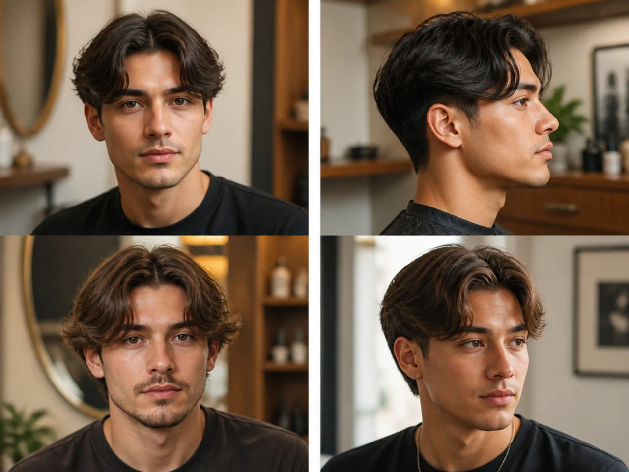 Middle part styling products laid out on a bathroom counter for a teen boy