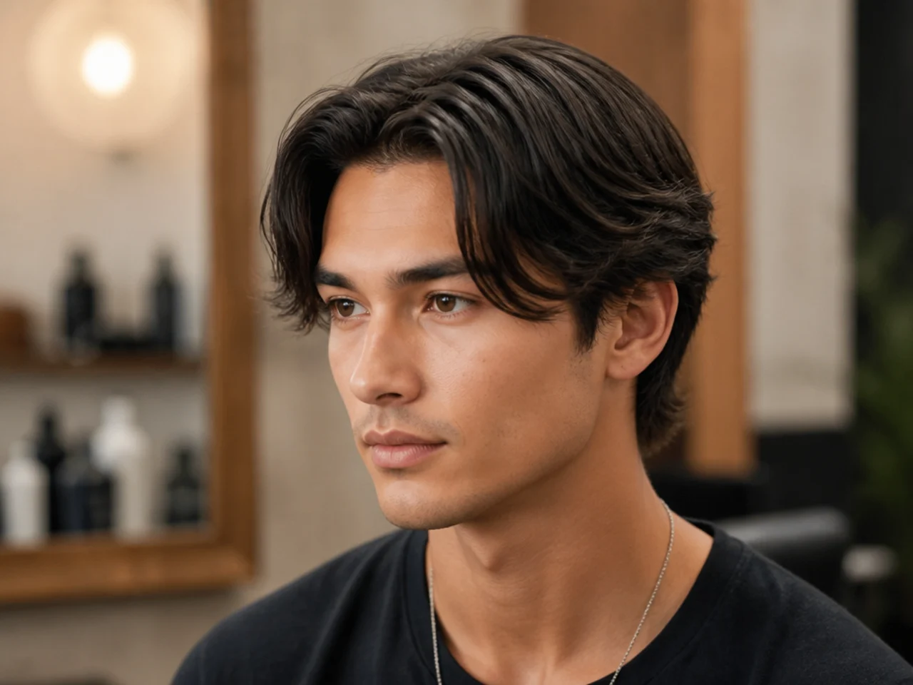 Middle part haircut on a teen boy with three inches on top and a low taper fade