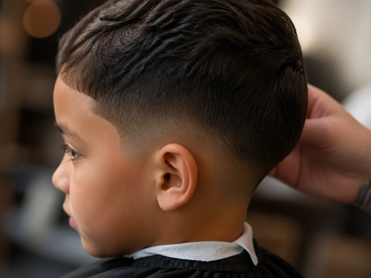 A young boy with a low taper finishing at a short guard