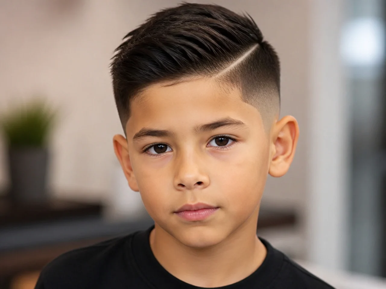 A young boy with a burst fade left at a short guard rather than skin