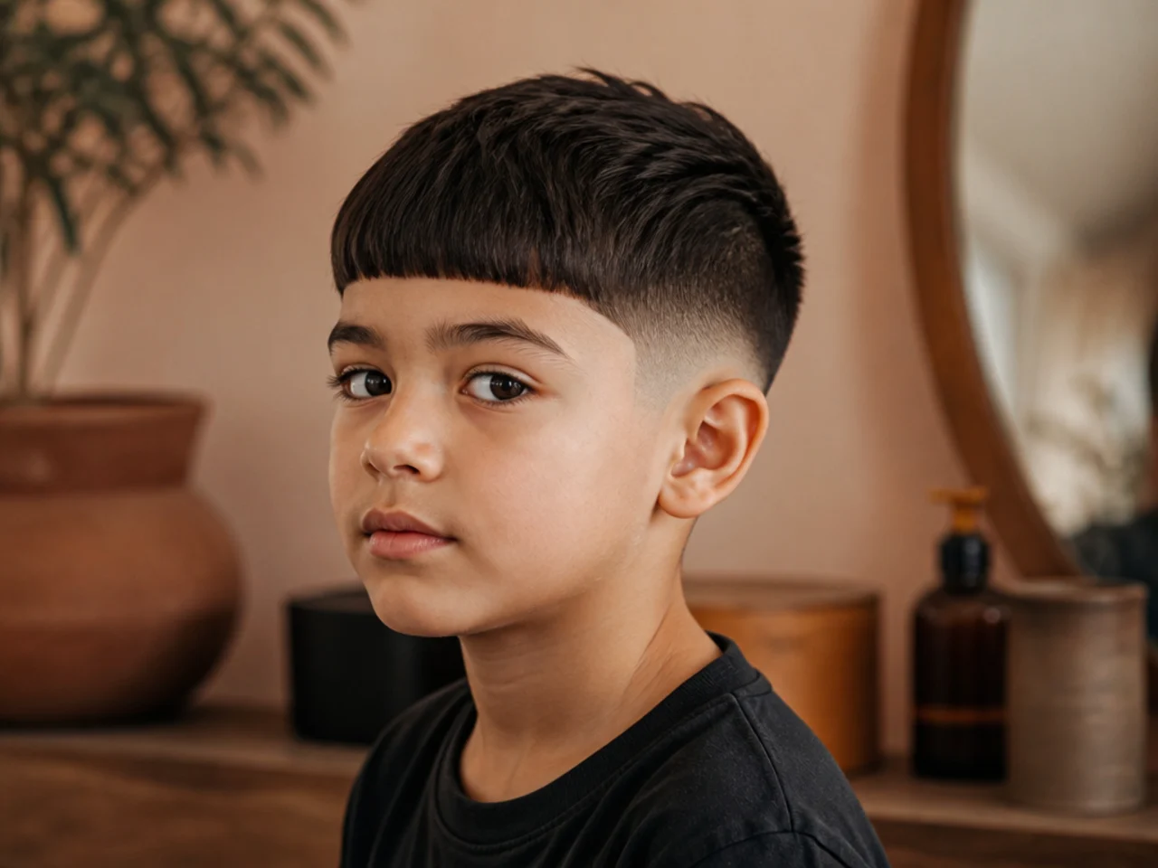 A young boy with an edgar cut and a blunt straight fringe