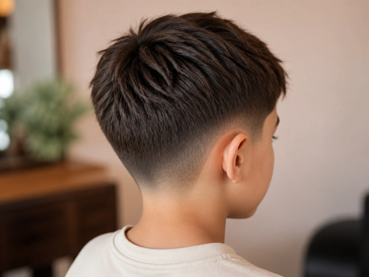 A young boy with a low taper under a textured crop