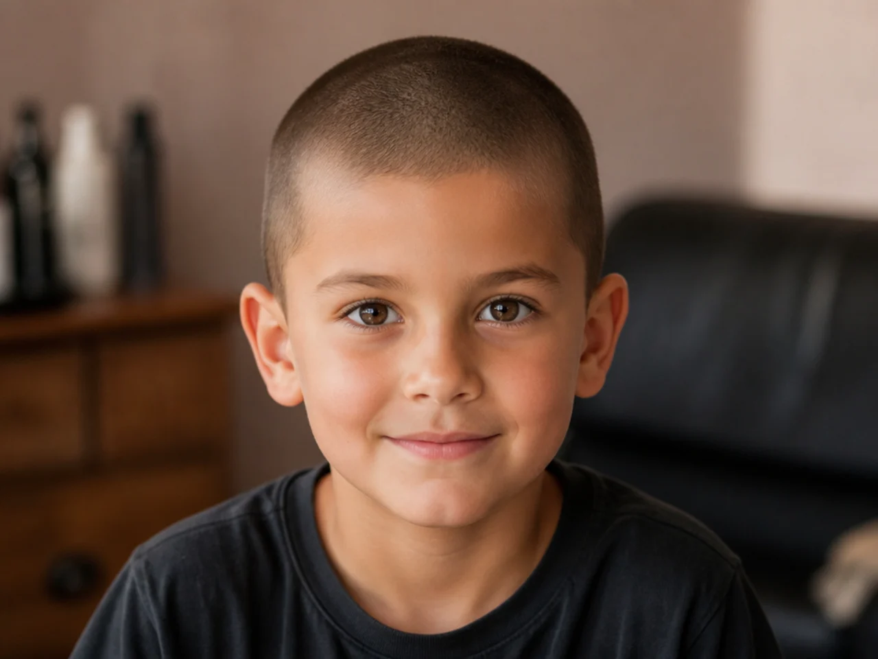 A young boy with a number two buzz cut all over