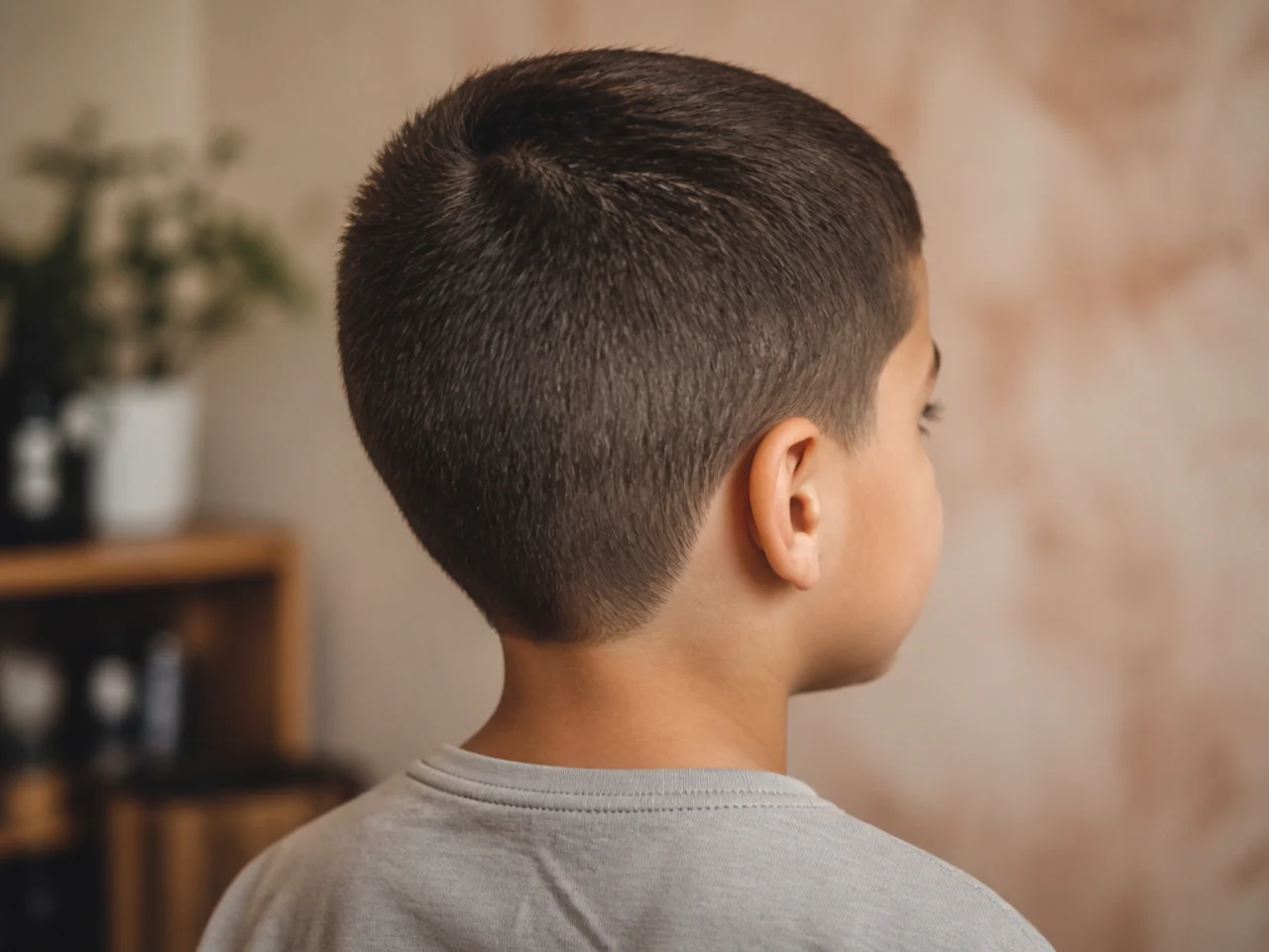 A young boy with a number three cut all over
