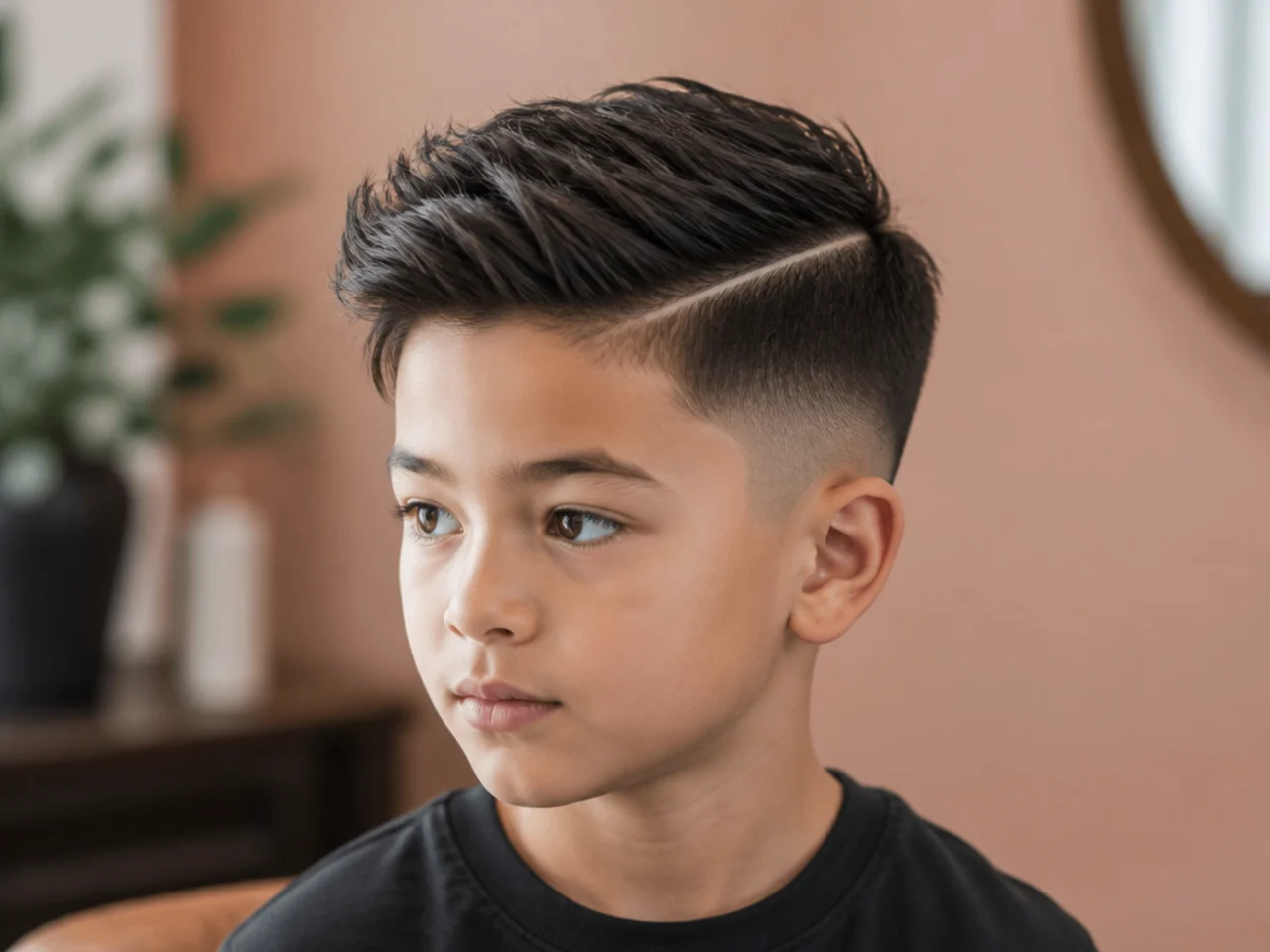 A young boy with a shaved hard part above a taper