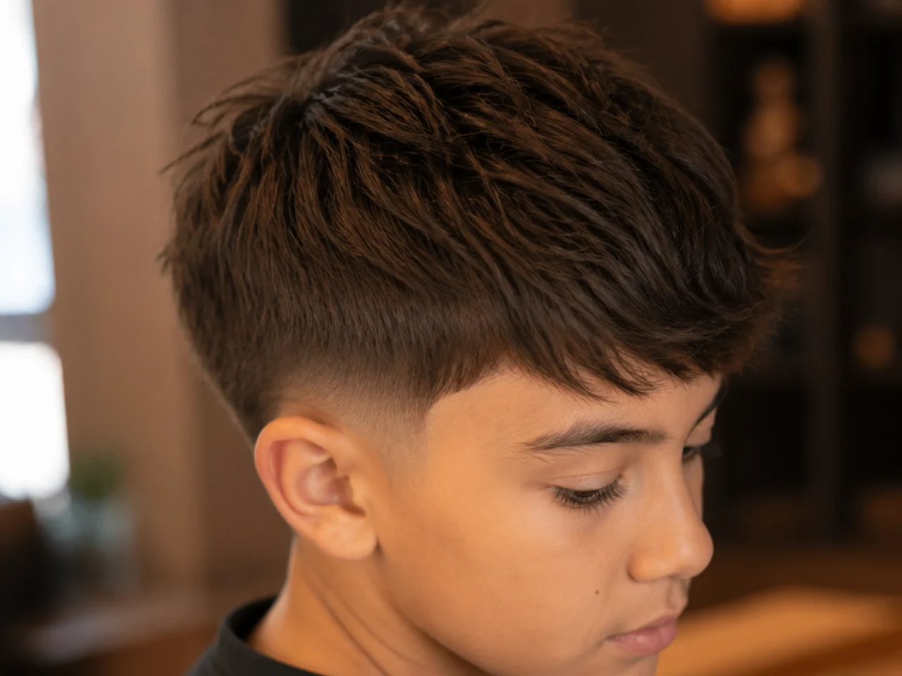 A young boy with a textured crop and scissor-cut sides