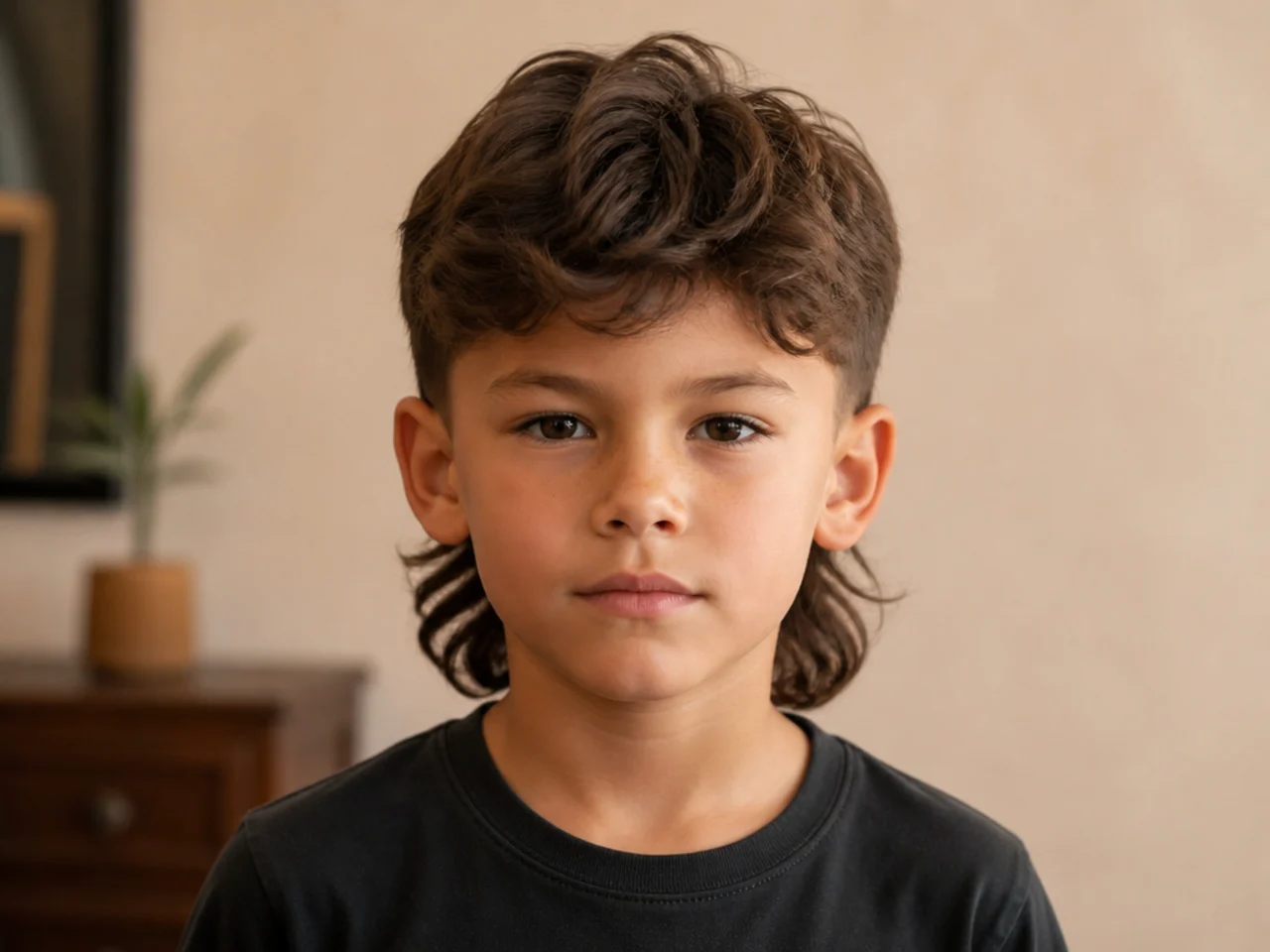 A young boy with a soft mullet and length left at the nape