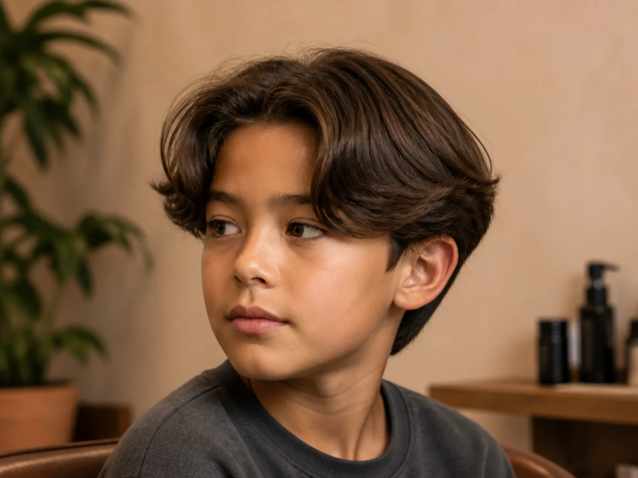 A young boy with curtains parted in the middle