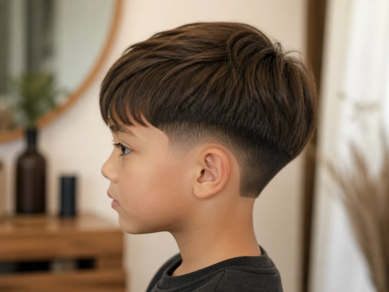 A young boy with a two block cut and a blunt lower edge