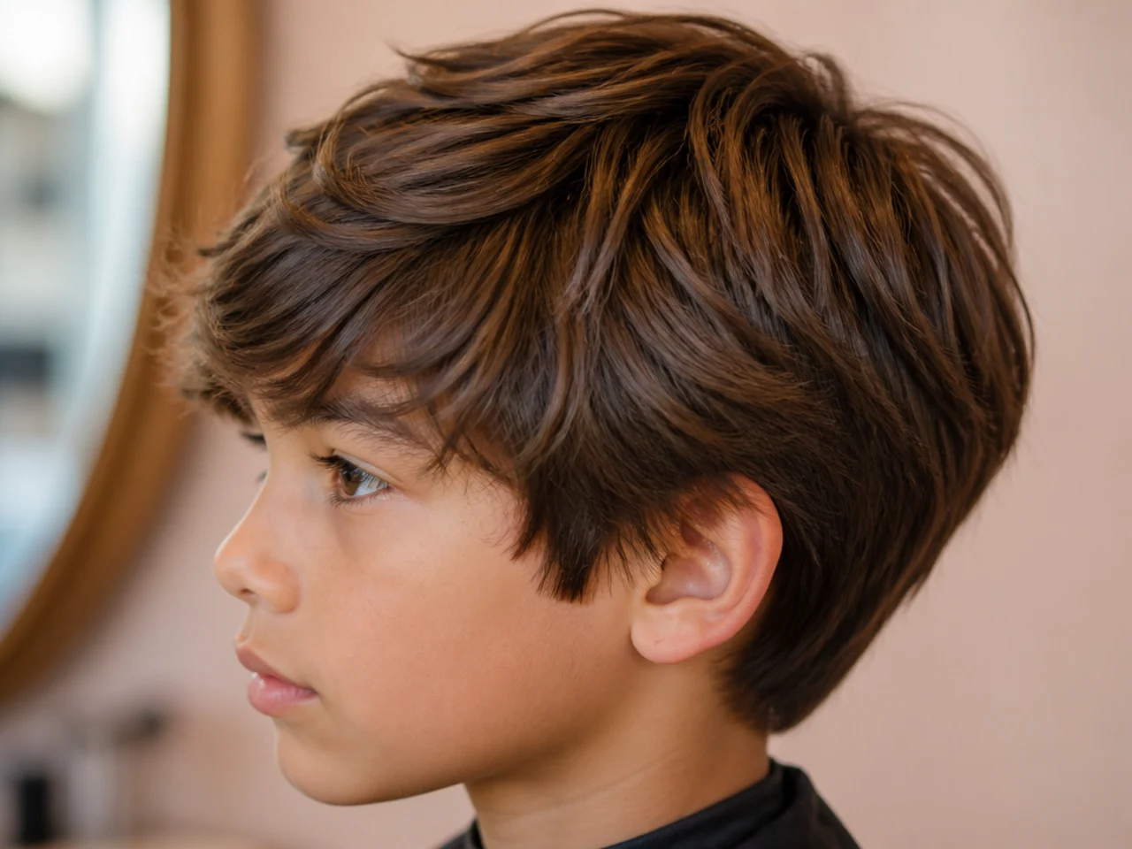 A young boy with long layered hair and no clipper line