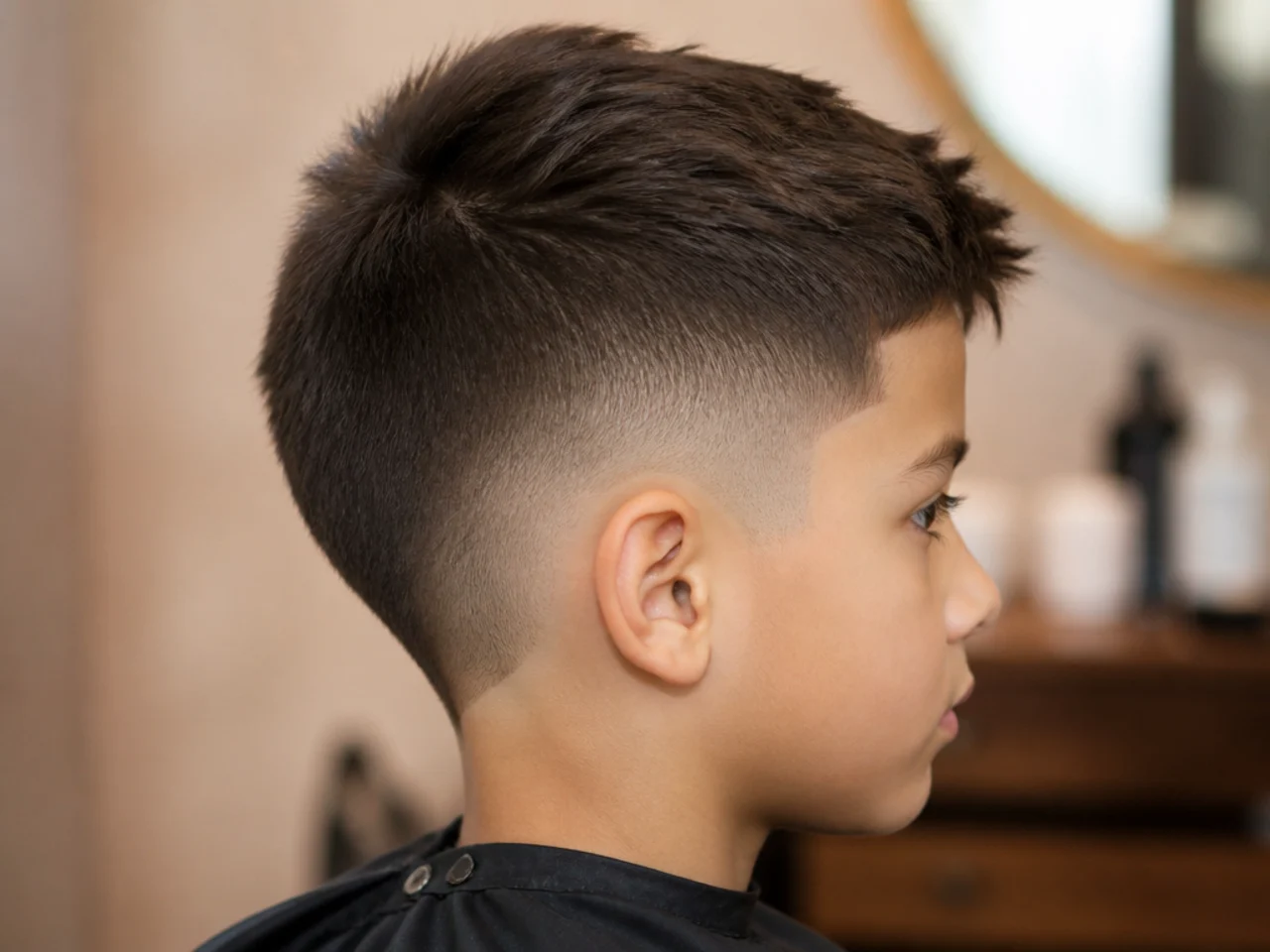 A young boy with a burst fade curving around the ear