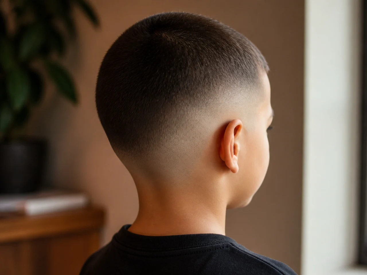A young boy with a low skin fade and a buzzed top