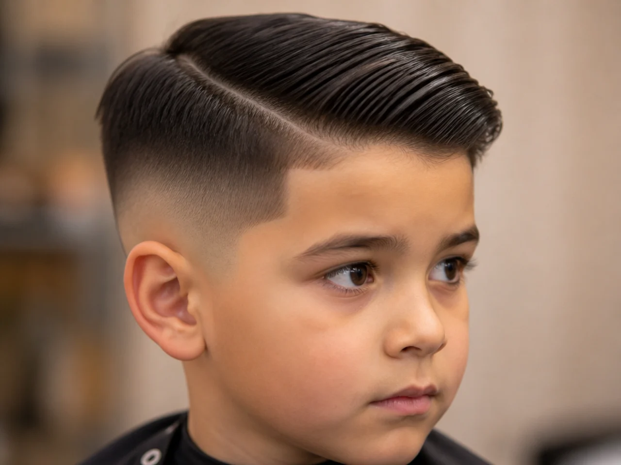 A young boy with a mid skin fade and hair combed to one side