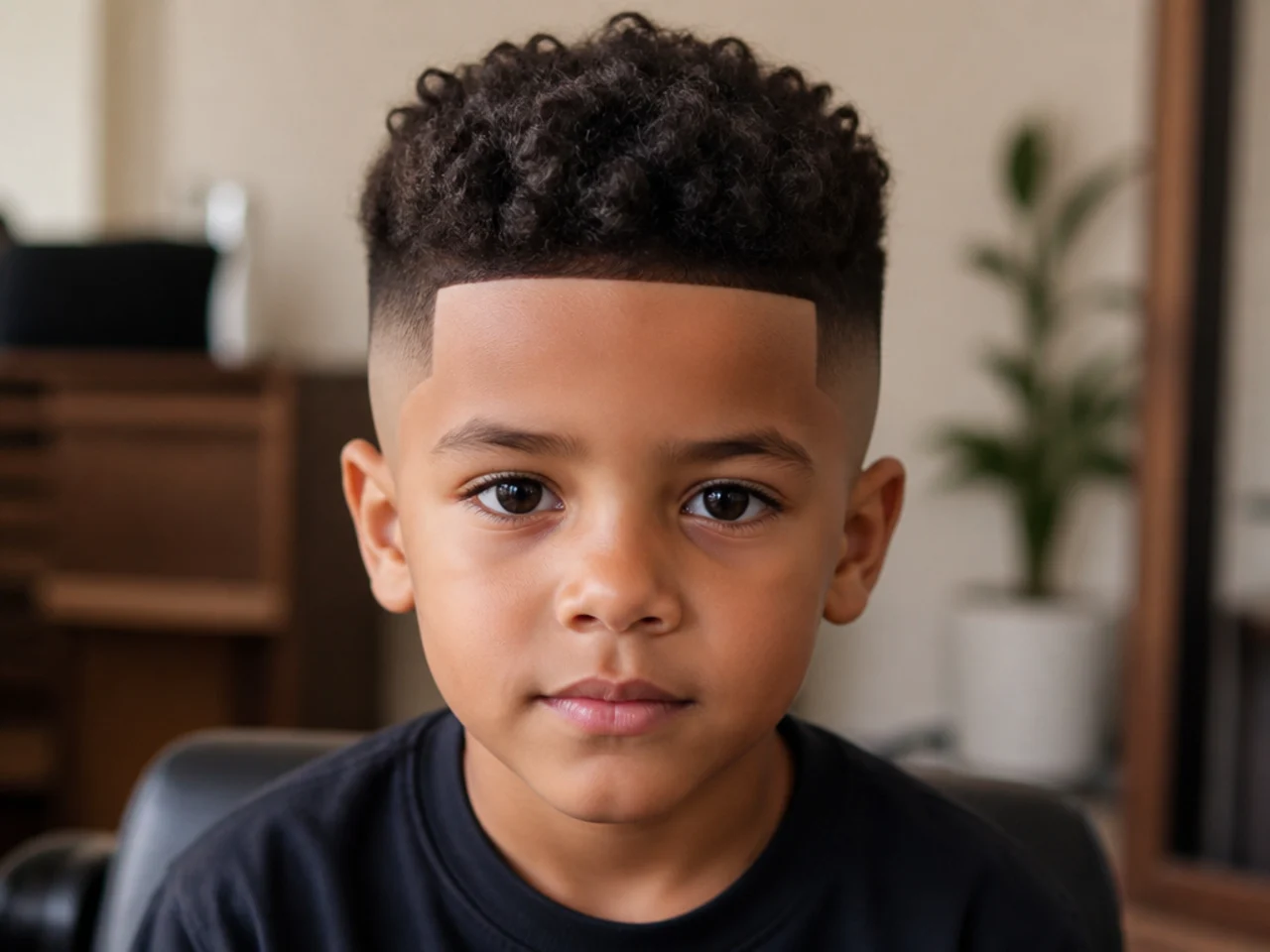 A young boy with a high skin fade and a sharp hairline