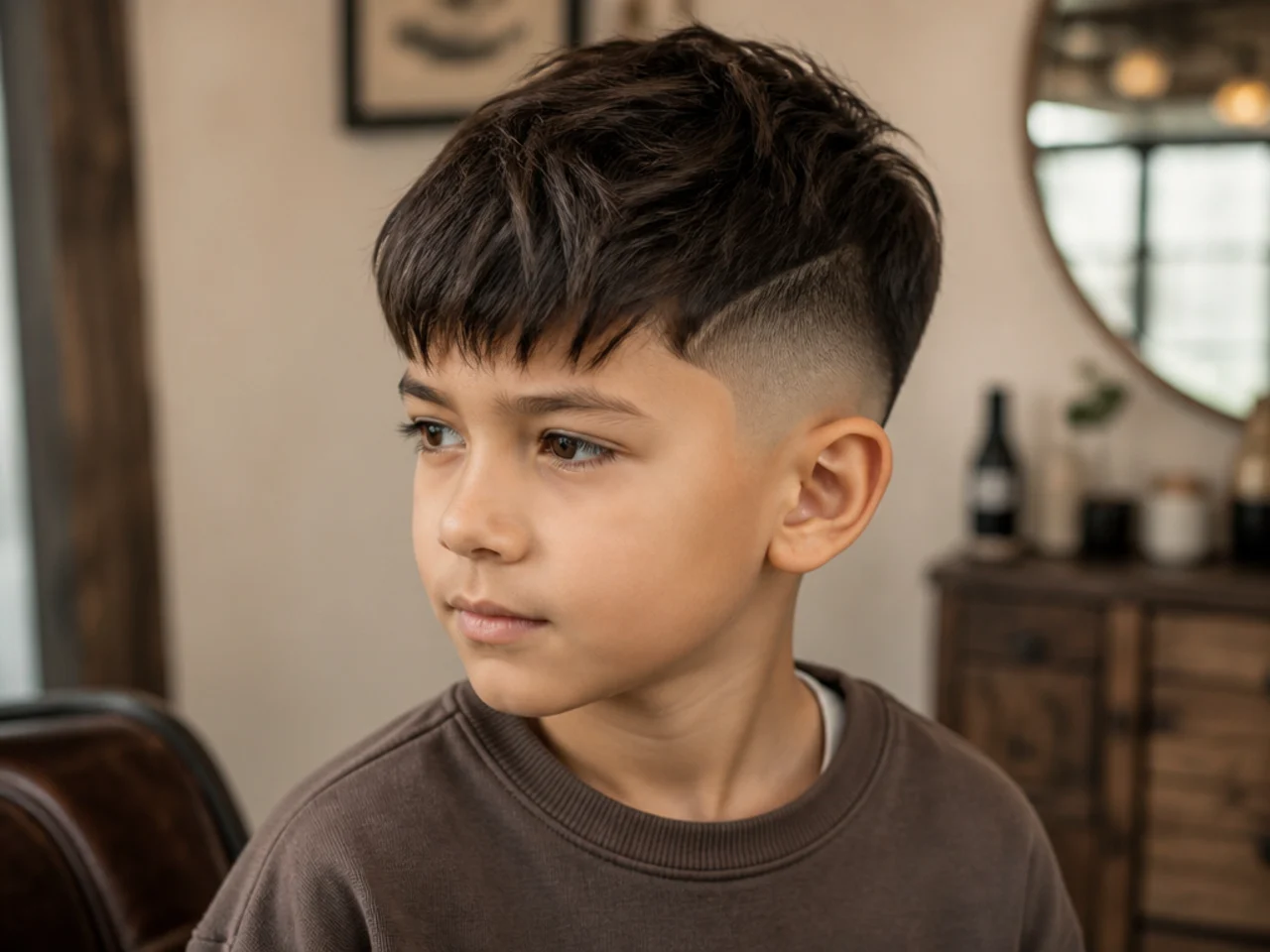 A young boy with a drop fade and a fringe forward on the brow