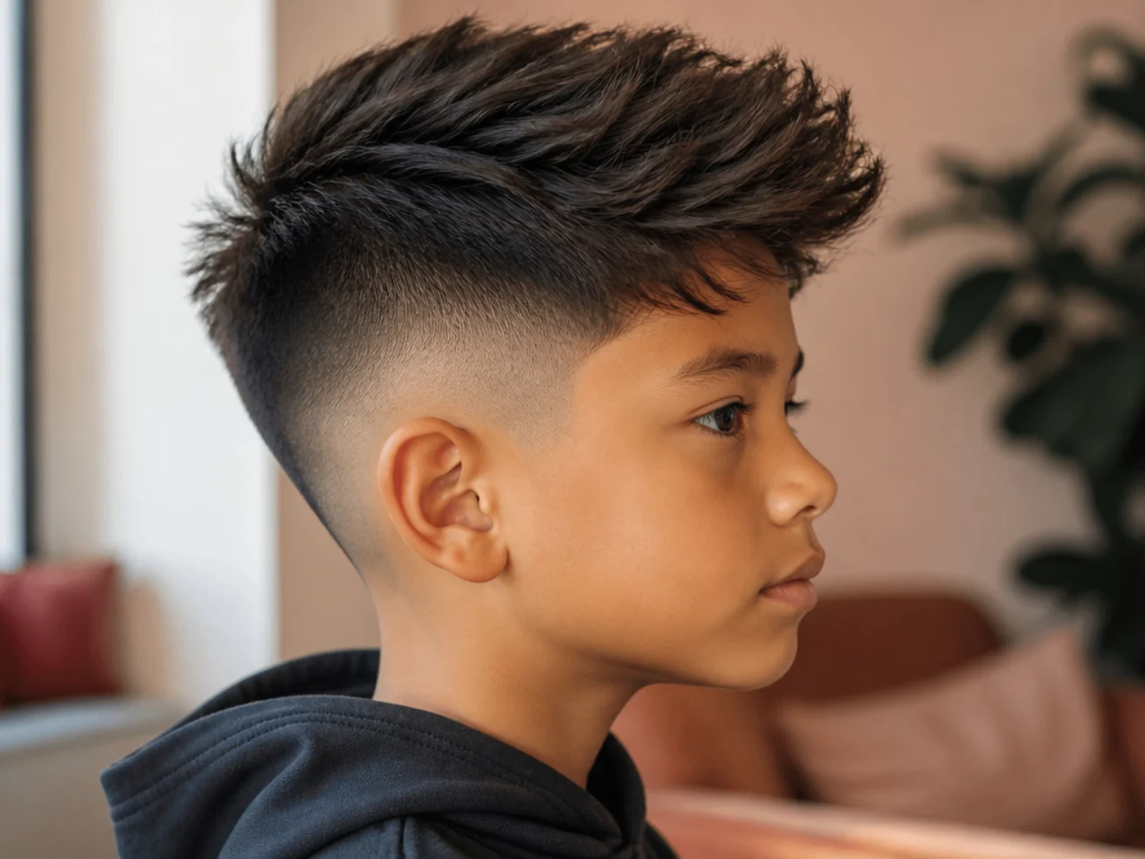 A young boy with a blowout fade and volume pushed forward