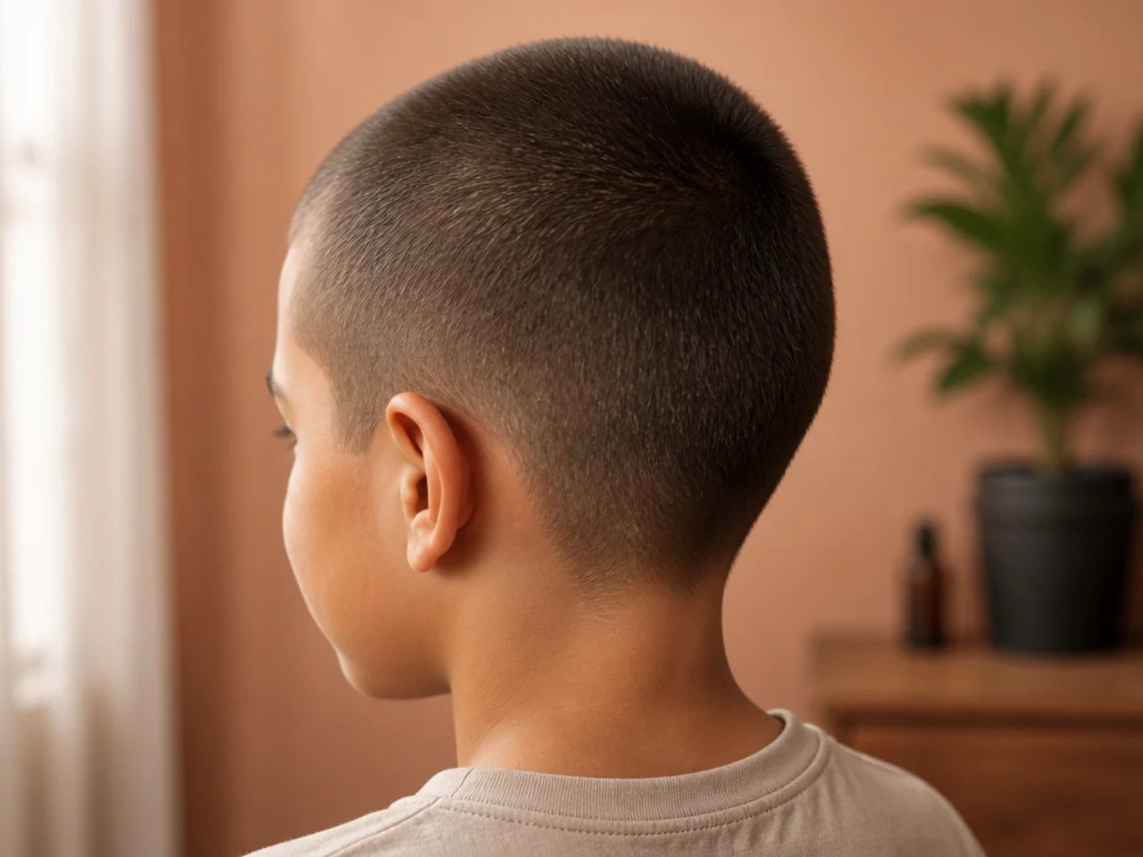 A young boy with a number one buzz cut all over