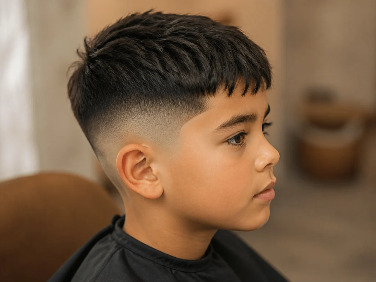 Three-quarter view of a young boy with a textured crop