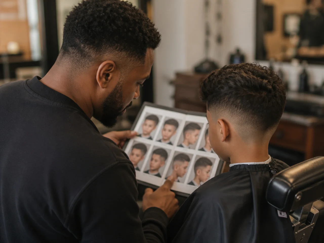 A parent and a young boy looking at haircut photos in a barbershop