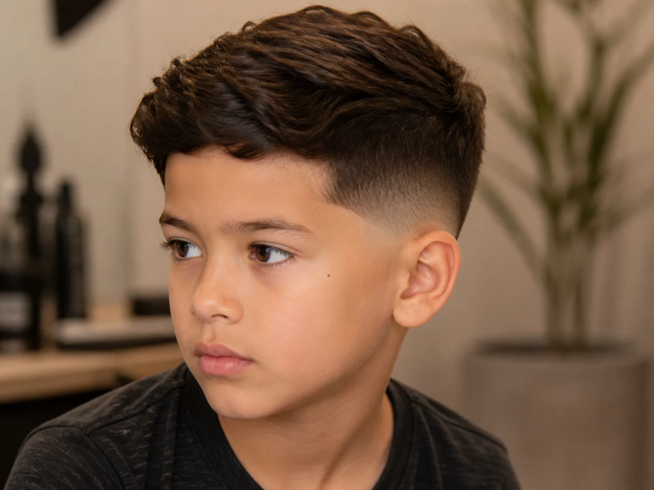 A boy's grown-out fade showing a blurred line above the ear