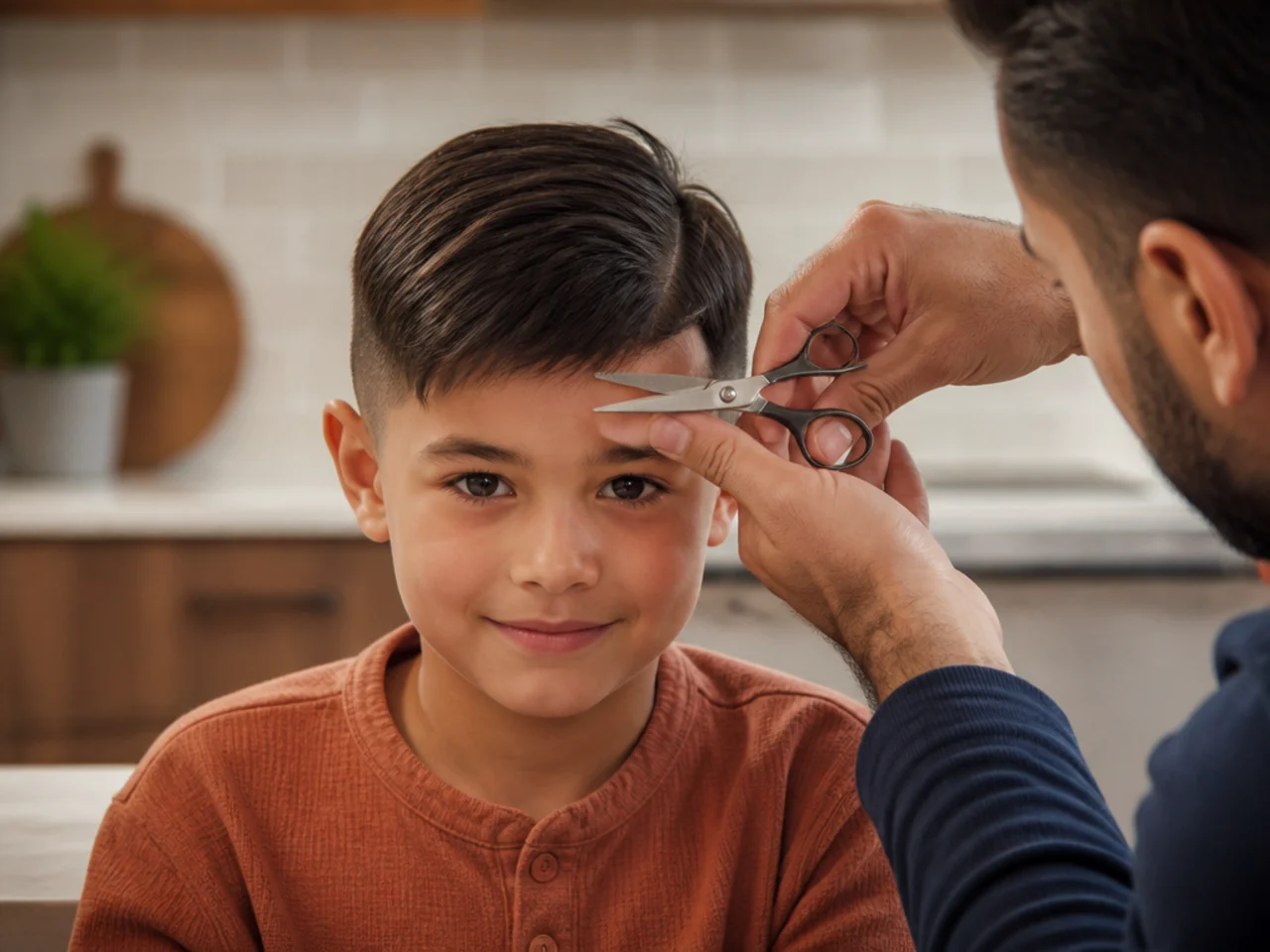 A parent trimming a boy's fringe at a kitchen table