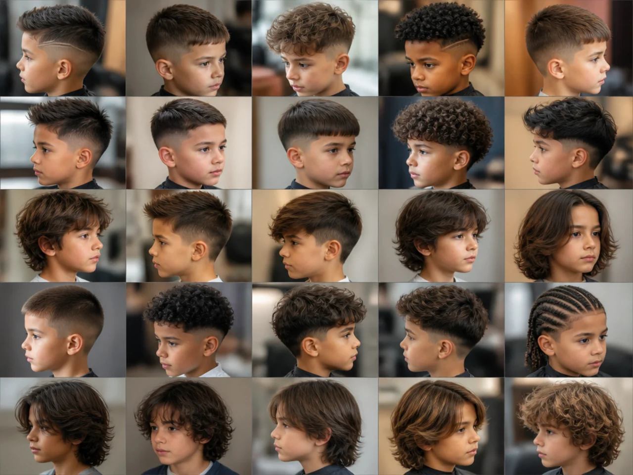 A grid of twenty-five boys haircuts from short fades to long layers