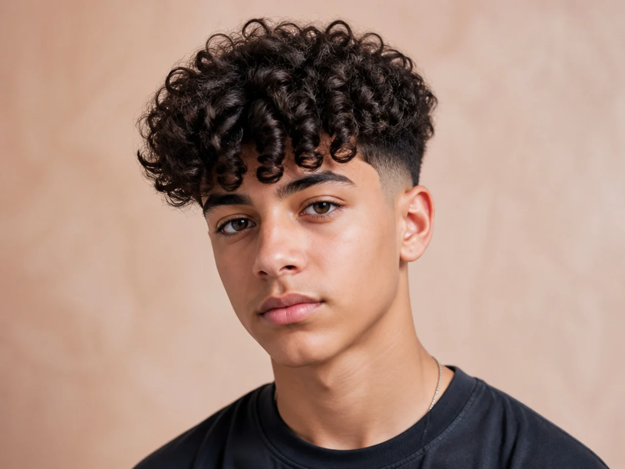 Thick Curly Fringe with Taper Fade