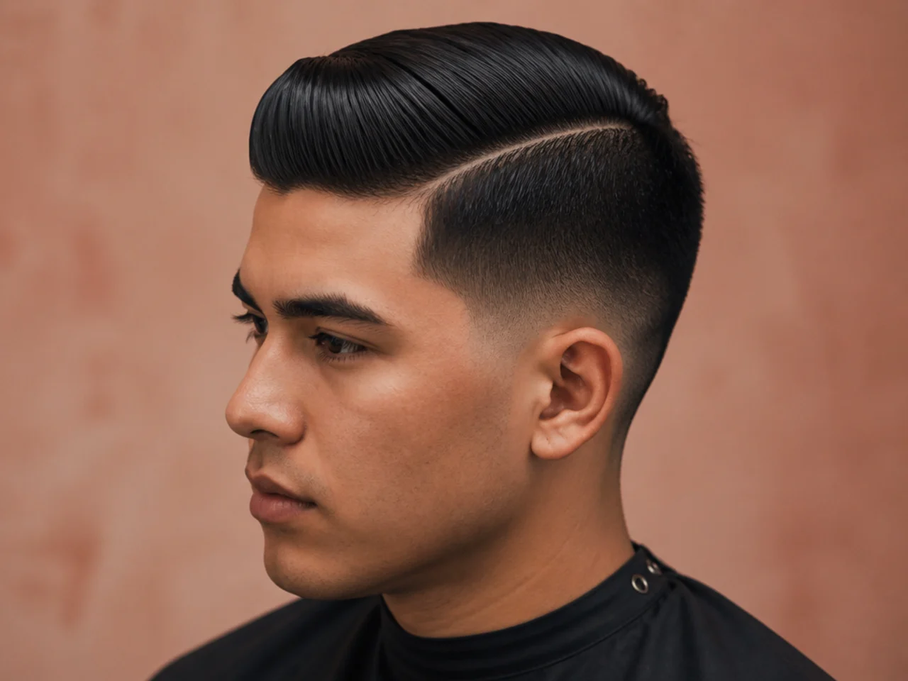Young boy's slick back with a razor-defined hard part on tapered sides