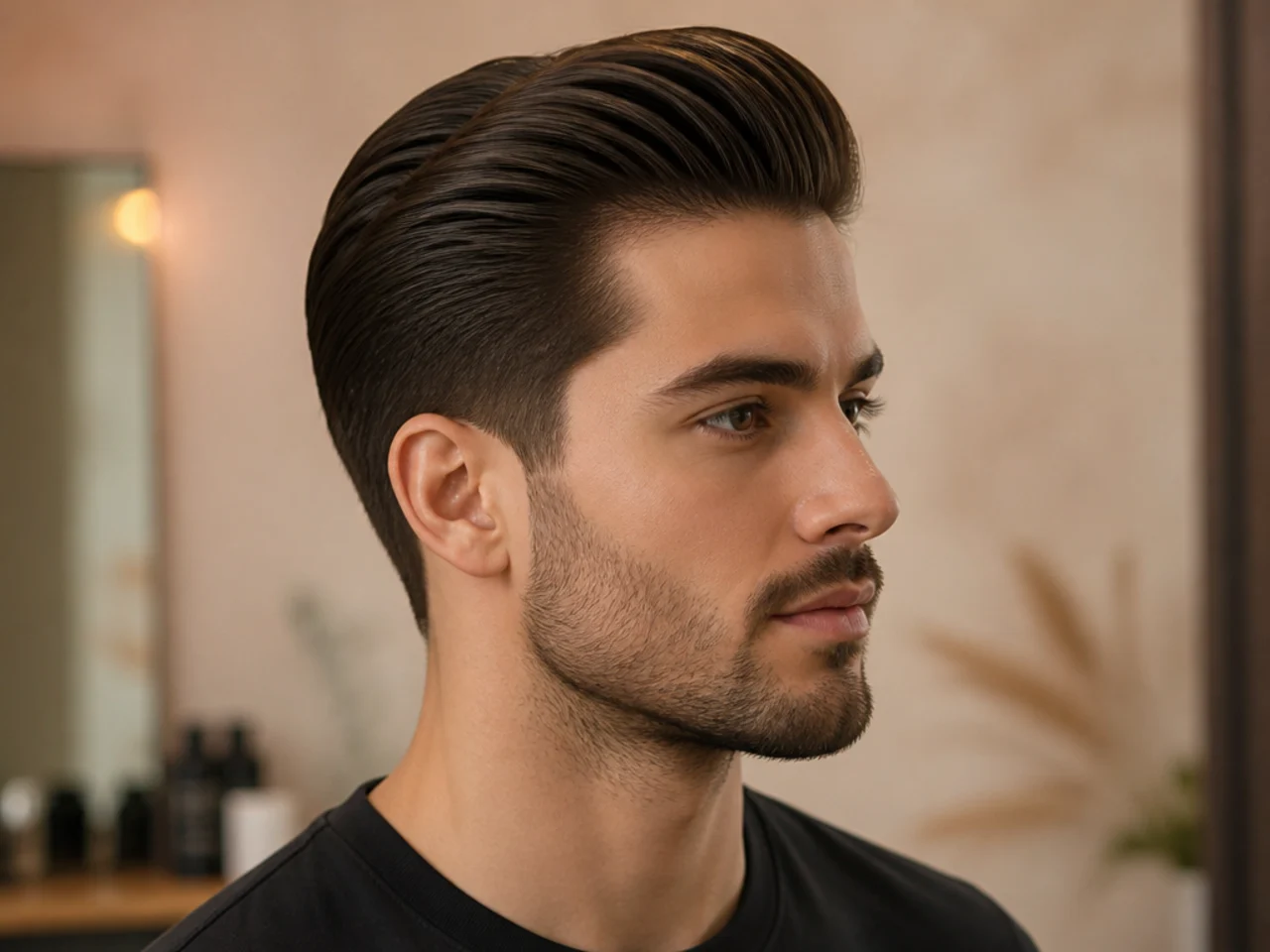 Young boy's slick back with soft pompadour lift at the front on thick hair