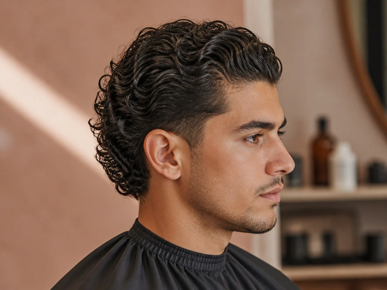 Young boy with curly hair styled into a slick back with defined type 3 curls
