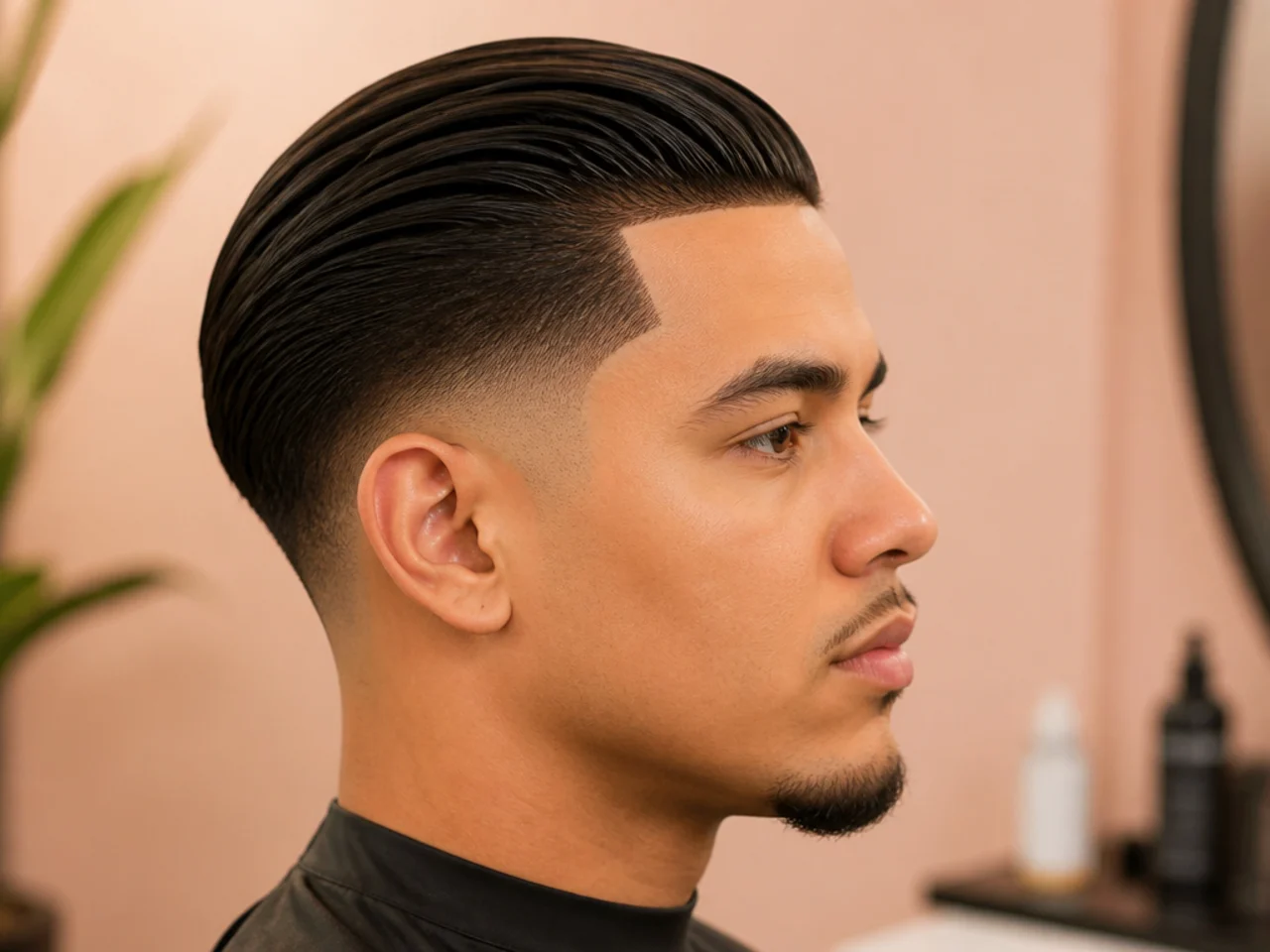 Young boy's slick back with a razor-sharp hairline edge-up and low taper sides
