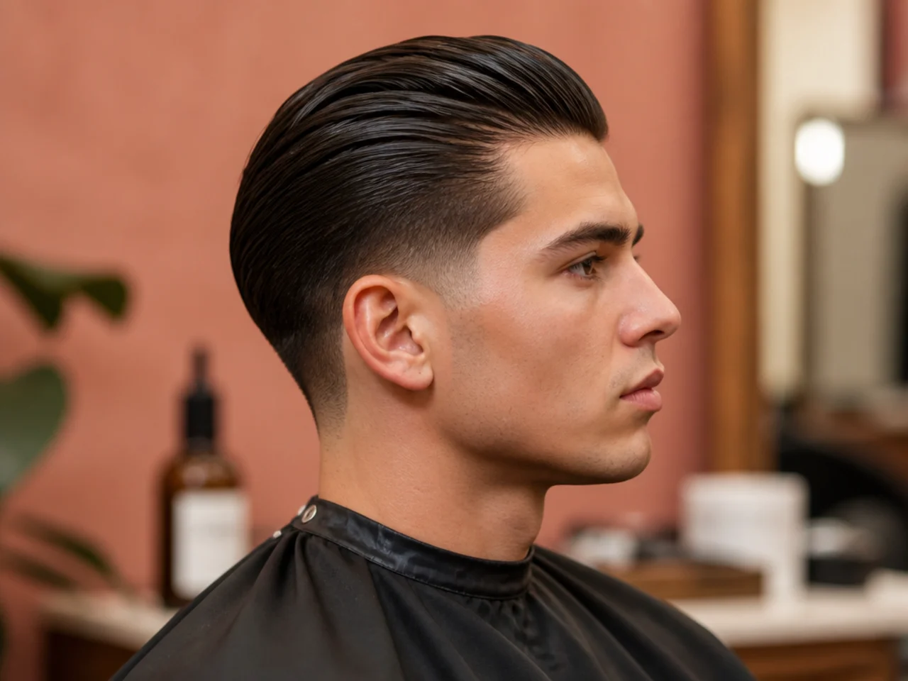 Boy's slick back haircut with a soft low taper fade dropping behind the ear on wavy hair