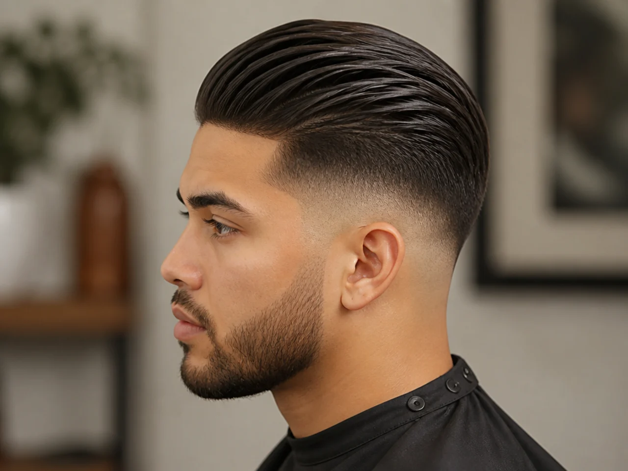 Boy's slick back haircut paired with a mid fade at the temple on straight hair