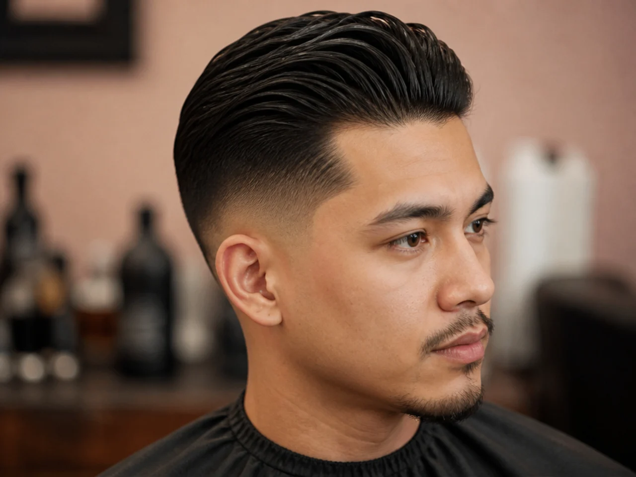 Young boy's slick back with a drop fade arcing down behind the ear on wavy hair