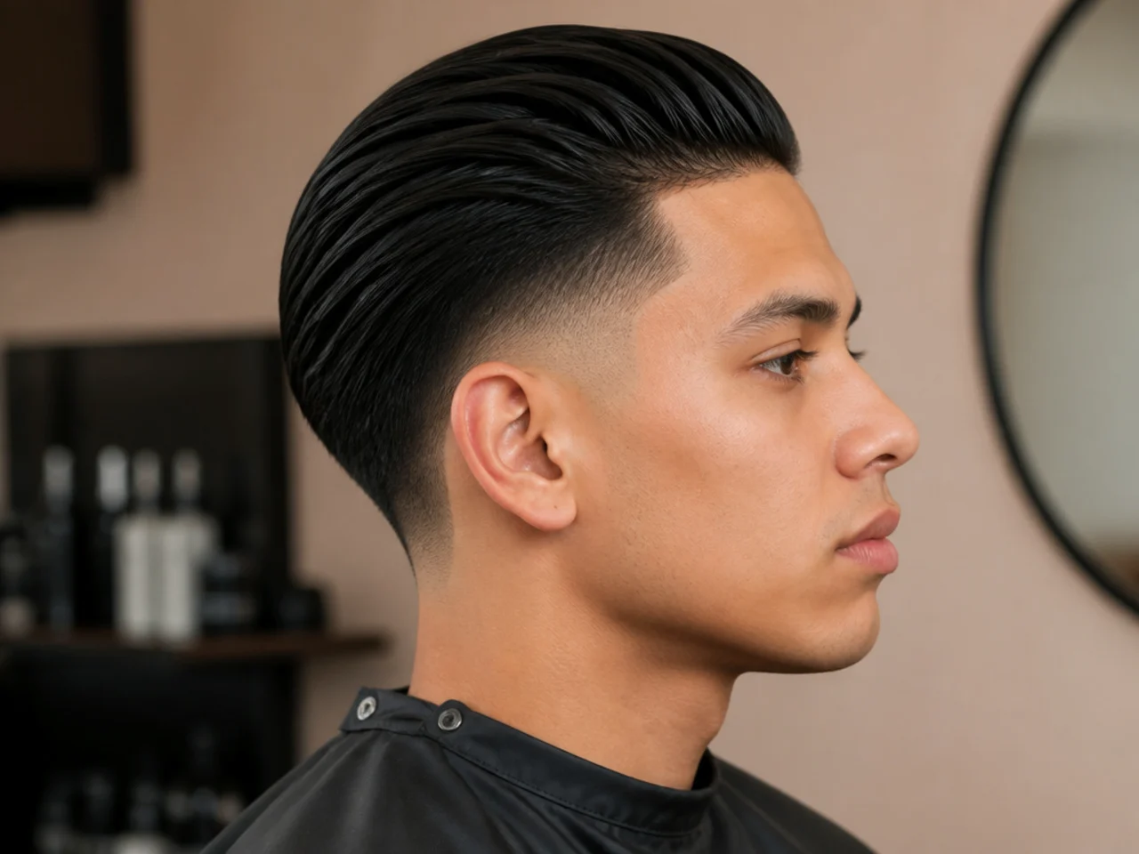 Boy's slick back with a burst fade arcing around the ear on textured hair