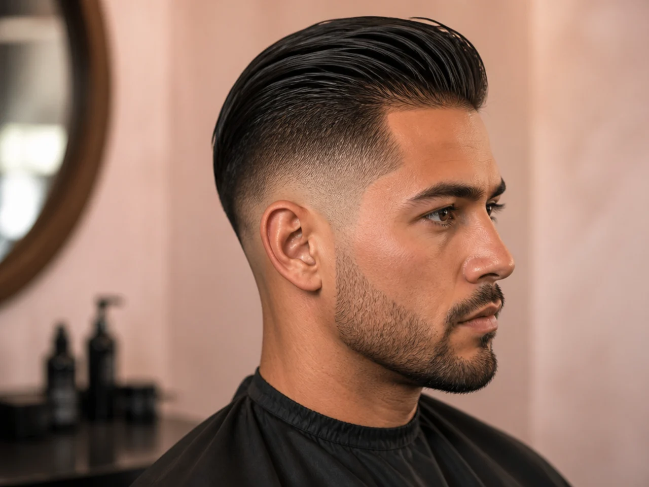 Older boy's slick back with a clean skin fade at the sides on straight dark hair