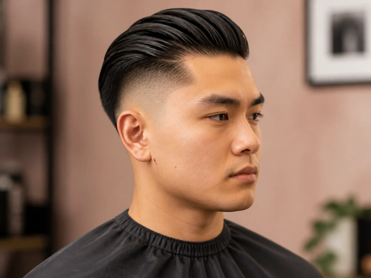 Boy's slick back haircut with a hard disconnected undercut on straight hair