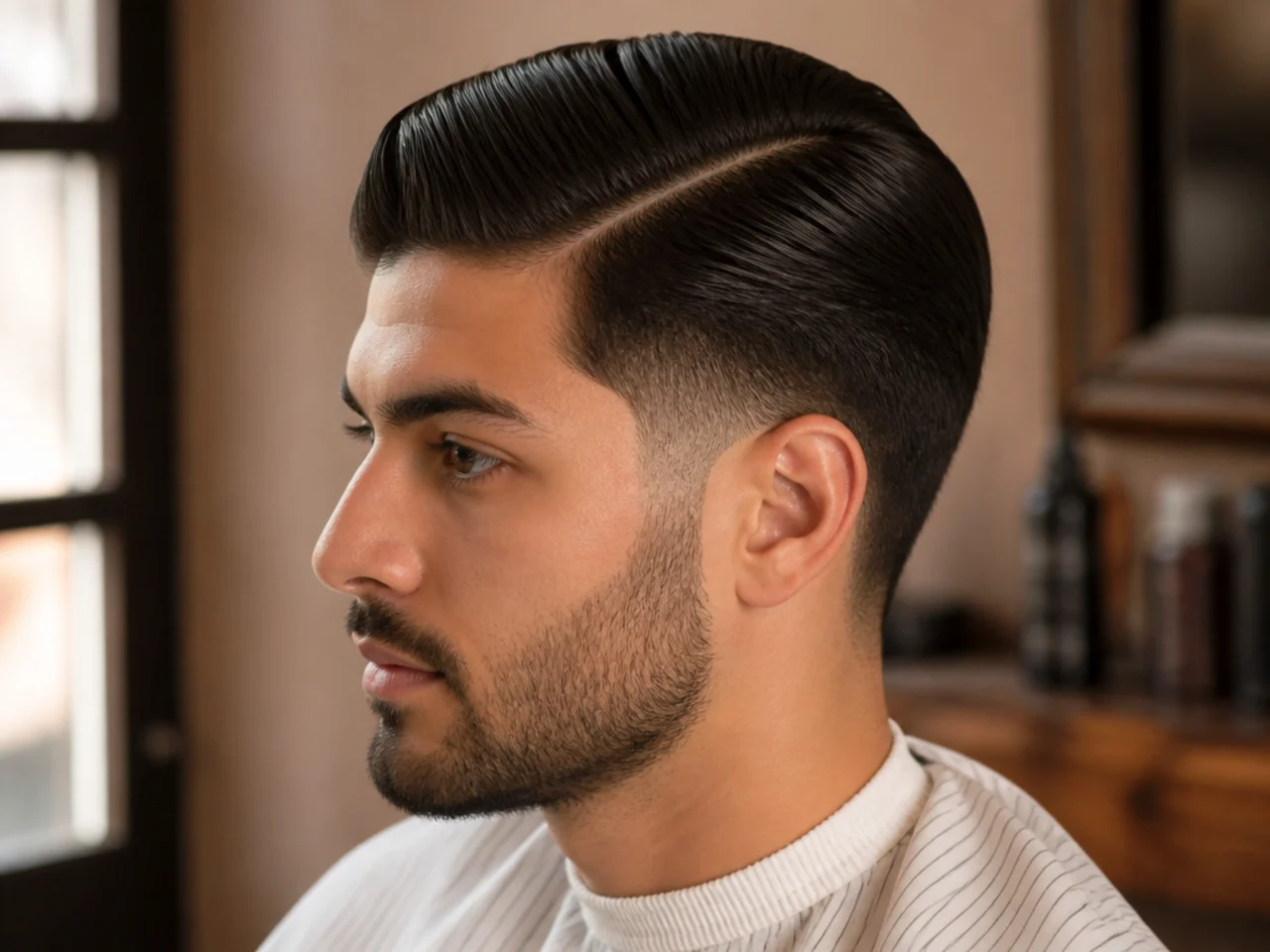 Young boy's slick back with a soft side part on wavy hair with tapered sides