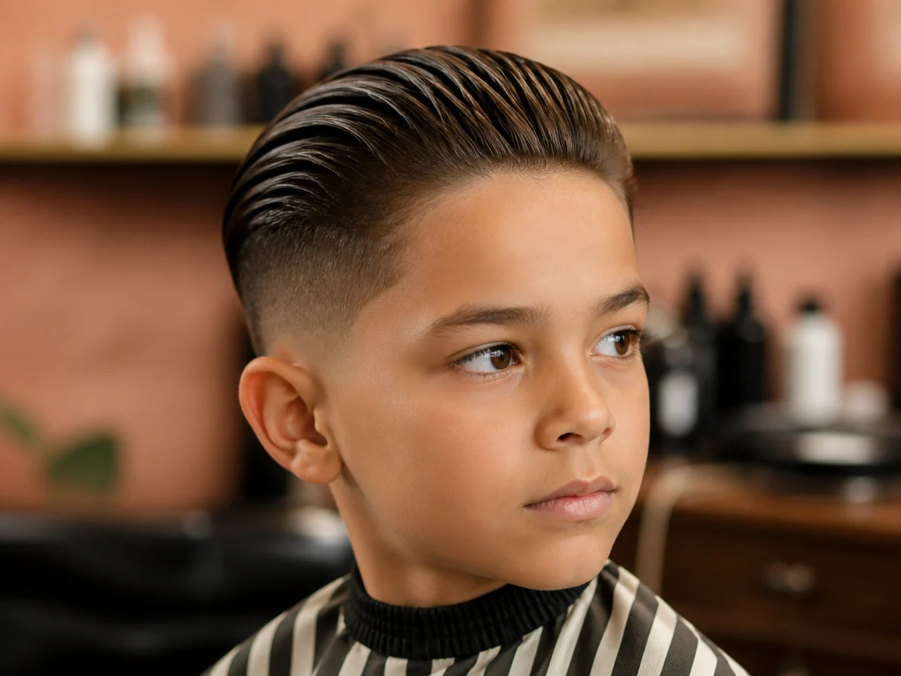 Young boy showing his barber a phone photo of a slick back reference haircut