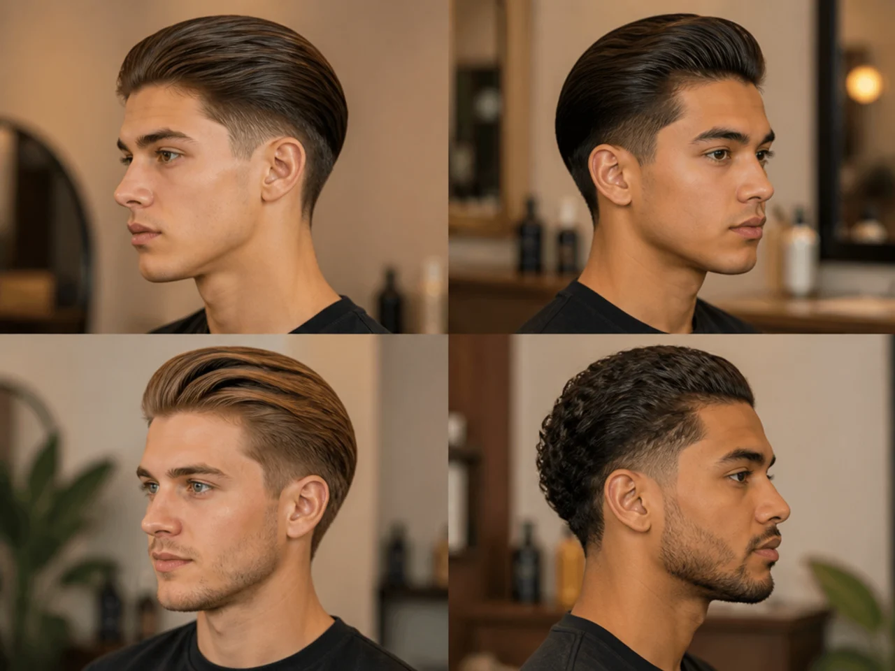 Barber consulting a mother and her young son about which slick back version to book