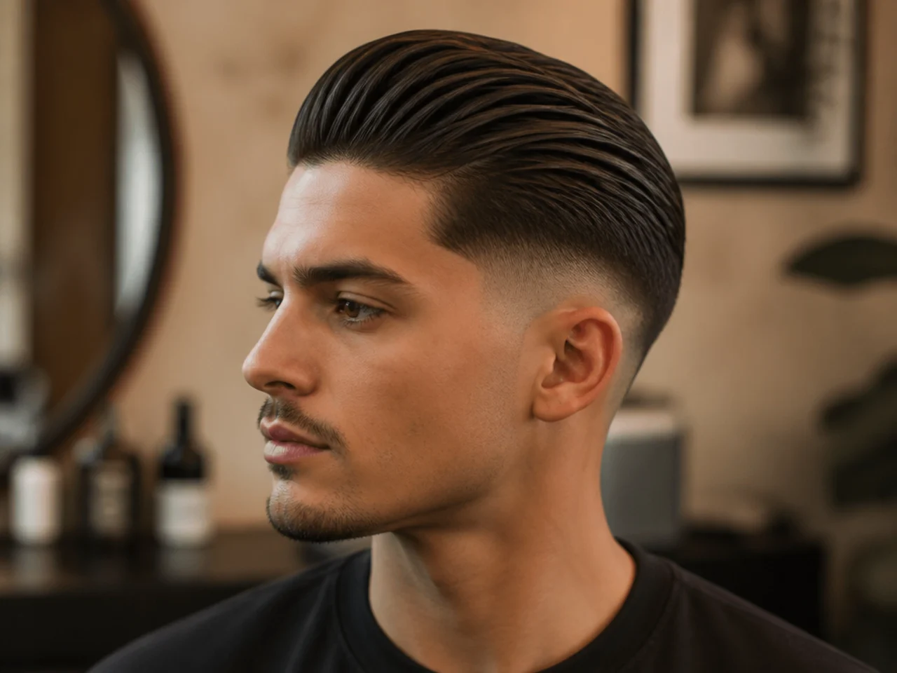 Young boy with a classic slick back haircut and scissor-blended sides