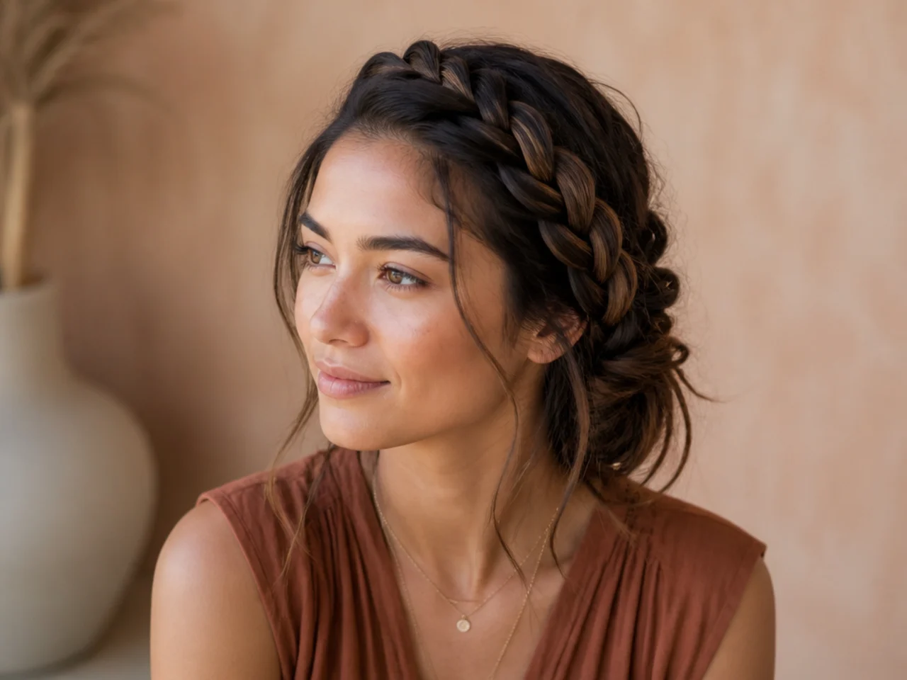 A side Dutch braid taken across the head