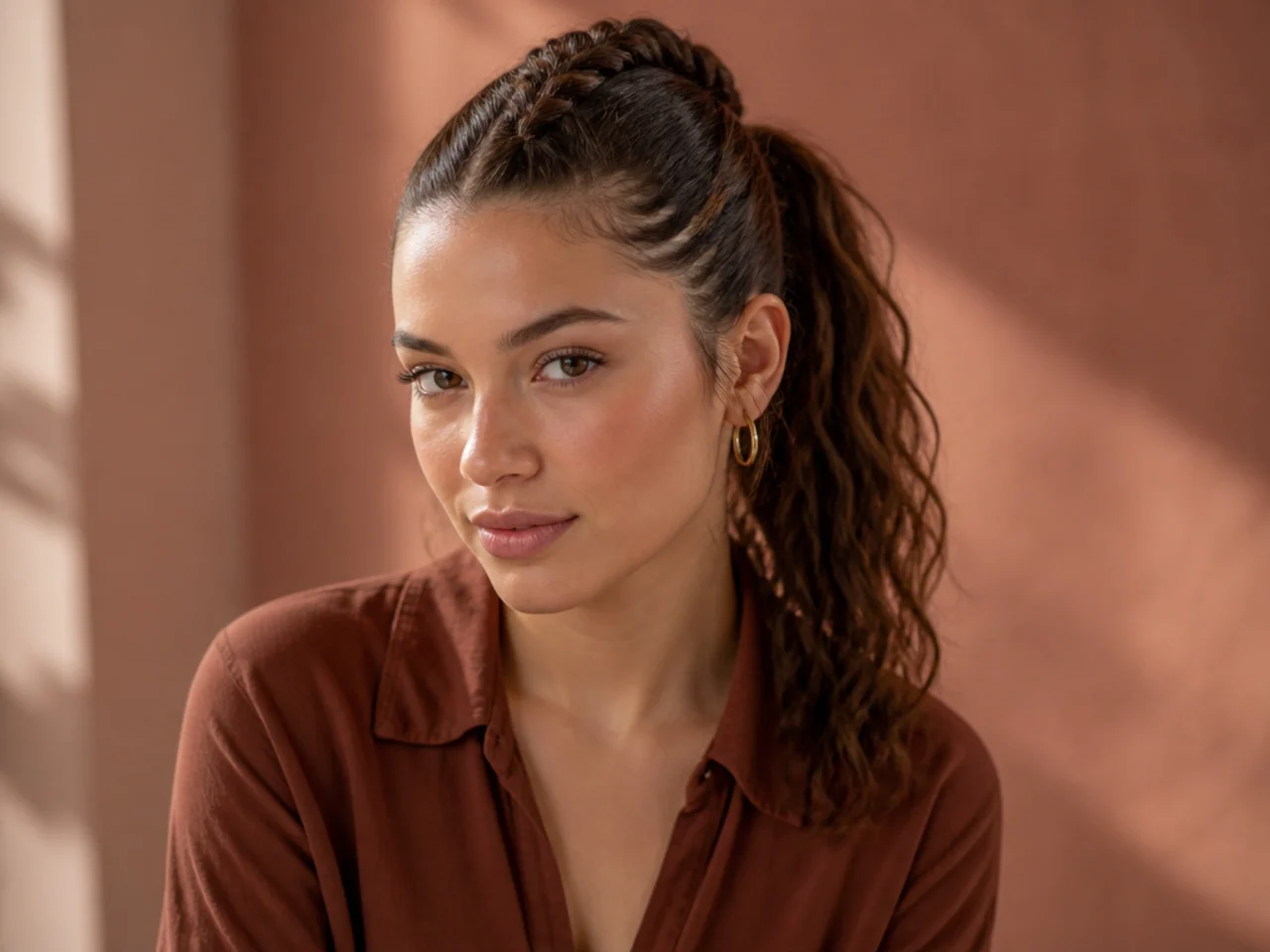 A braid from the crown running into a ponytail