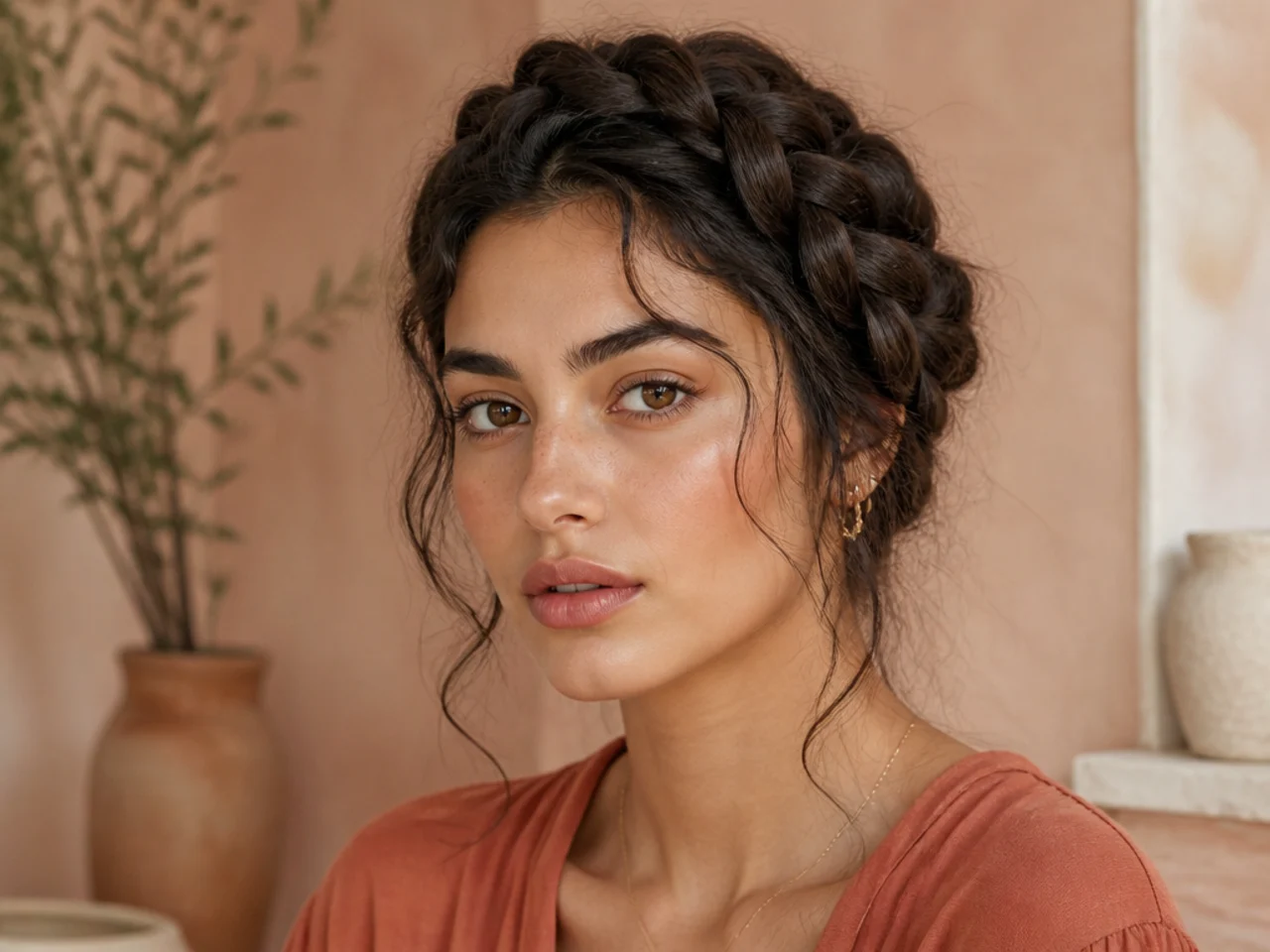 Milkmaid braids pinned over the crown